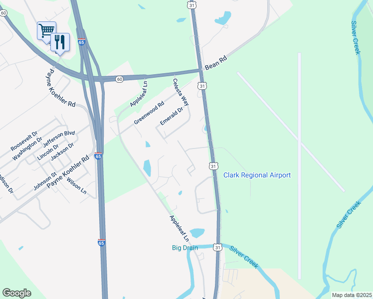 map of restaurants, bars, coffee shops, grocery stores, and more near 7335 Lake Drive in Sellersburg