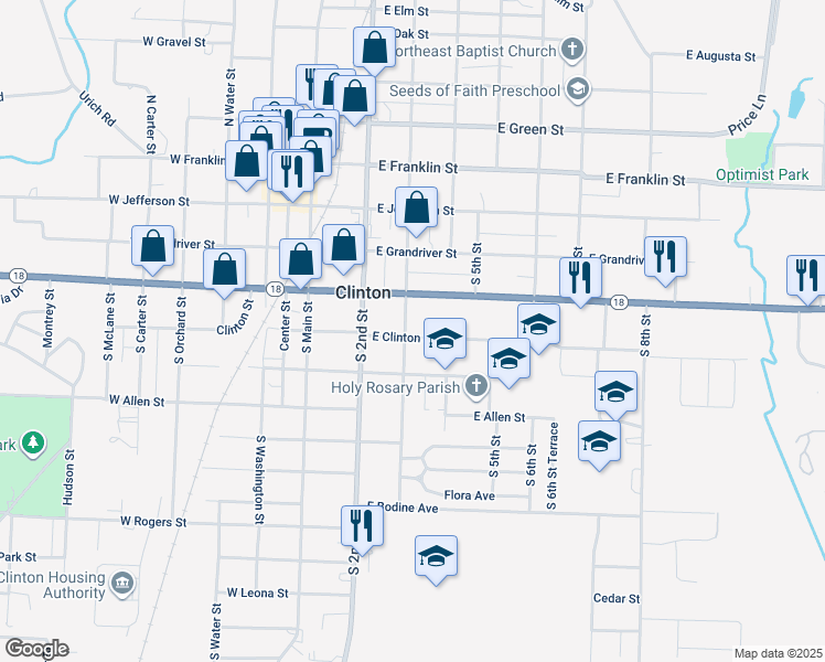 map of restaurants, bars, coffee shops, grocery stores, and more near 408 South 3rd Street in Clinton