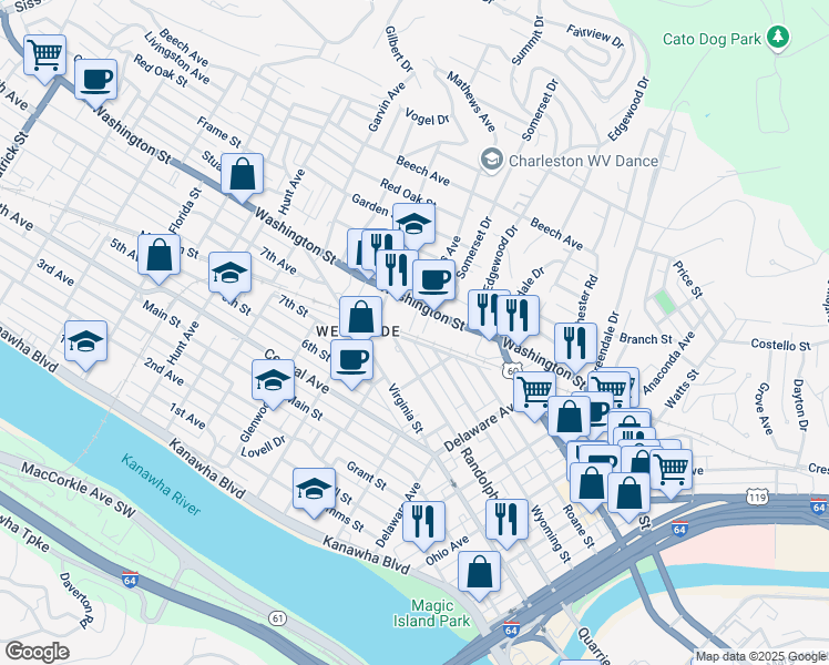map of restaurants, bars, coffee shops, grocery stores, and more near 602 Georgia Street in Charleston