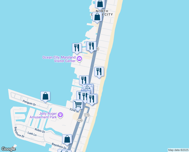 map of restaurants, bars, coffee shops, grocery stores, and more near 14 38th Street in Ocean City