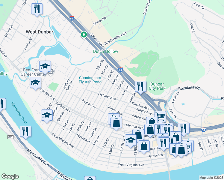 map of restaurants, bars, coffee shops, grocery stores, and more near 511-517 19th Street in Dunbar