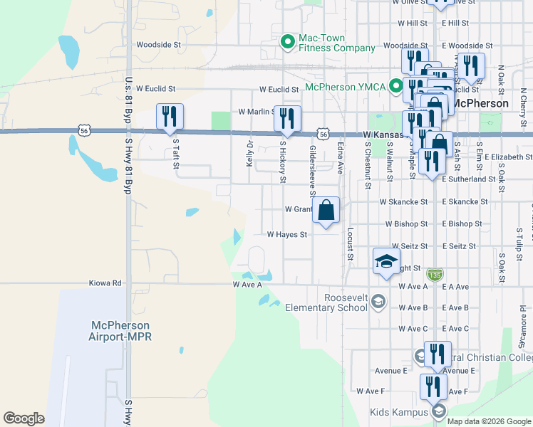 map of restaurants, bars, coffee shops, grocery stores, and more near 719 West Grant Street in McPherson