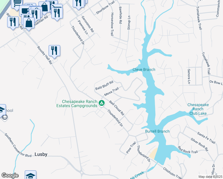 map of restaurants, bars, coffee shops, grocery stores, and more near 11637 Mesa Trail in Lusby