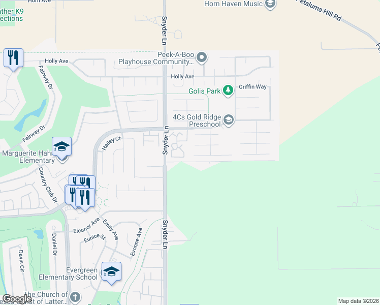 map of restaurants, bars, coffee shops, grocery stores, and more near 1404 Georgia Court in Rohnert Park