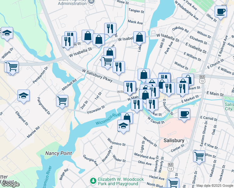 map of restaurants, bars, coffee shops, grocery stores, and more near 616 West Main Street in Salisbury