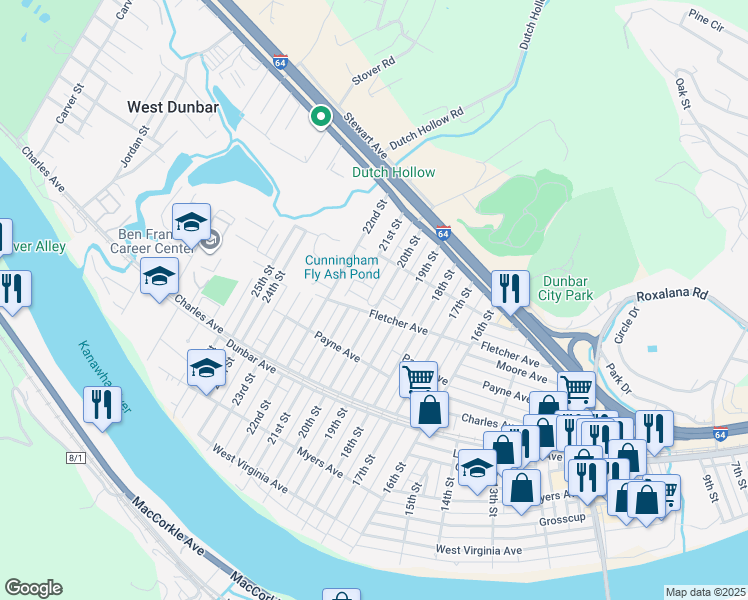 map of restaurants, bars, coffee shops, grocery stores, and more near 505 Walnut Ct in Dunbar