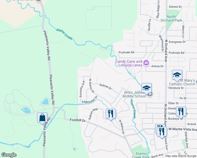 map of restaurants, bars, coffee shops, grocery stores, and more near 159 Kiowa Court in Vacaville