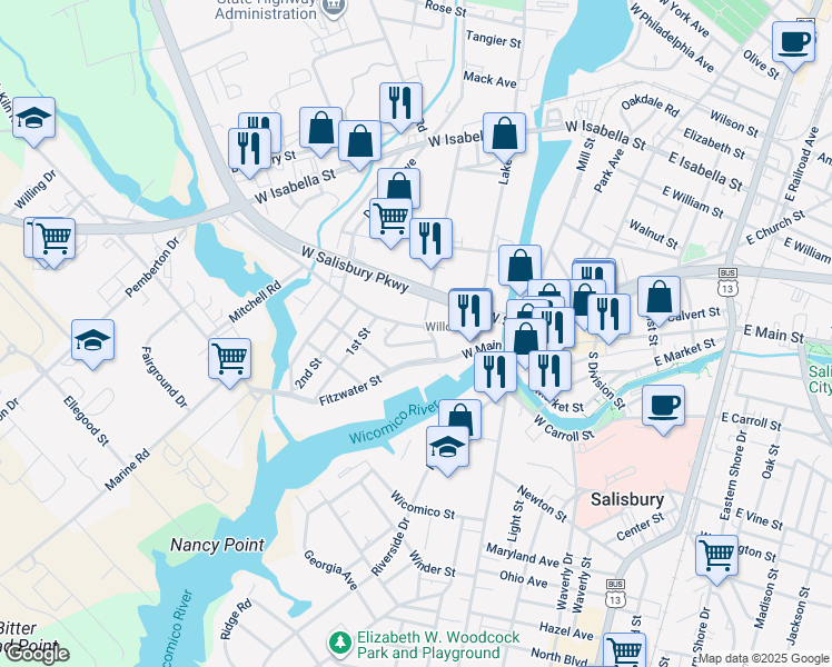map of restaurants, bars, coffee shops, grocery stores, and more near 616 West Main Street in Salisbury