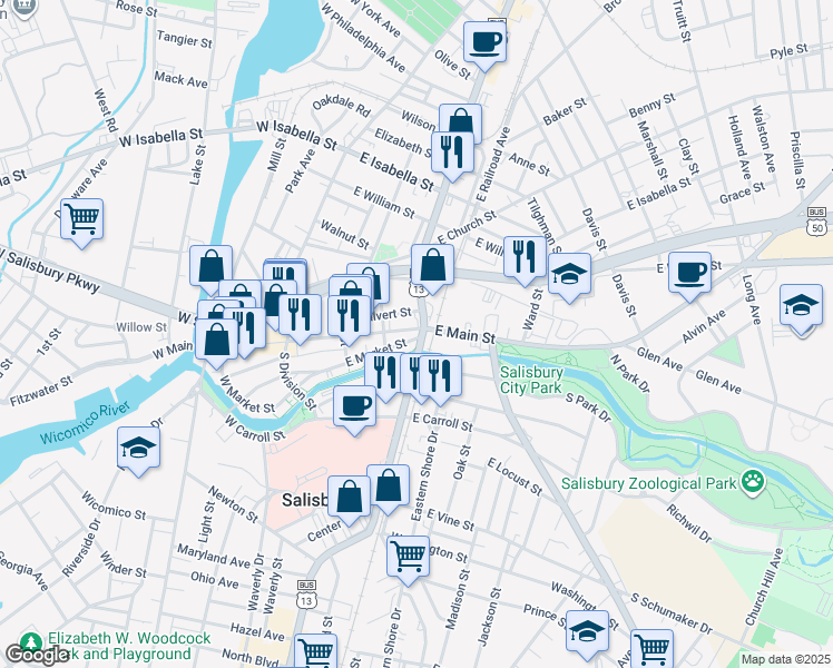 map of restaurants, bars, coffee shops, grocery stores, and more near 118 South Salisbury Boulevard in Salisbury