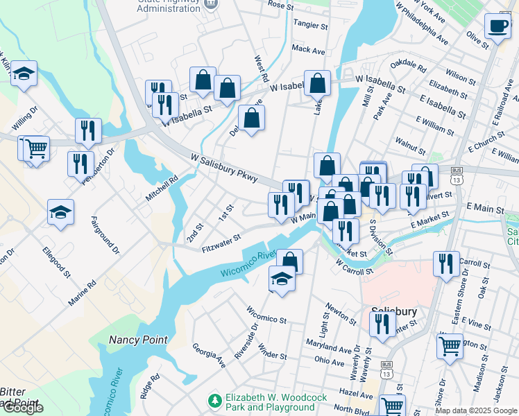 map of restaurants, bars, coffee shops, grocery stores, and more near 616 West Main Street in Salisbury