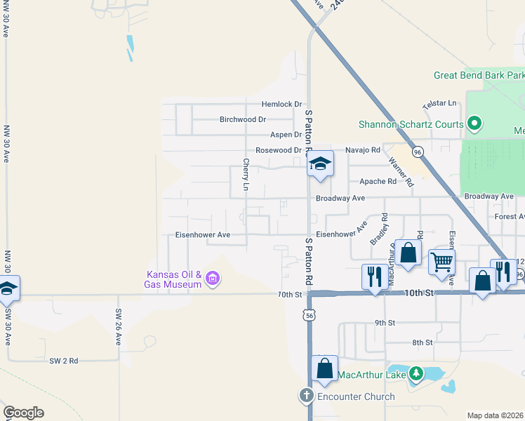 map of restaurants, bars, coffee shops, grocery stores, and more near 1309 Cherry Place in Great Bend