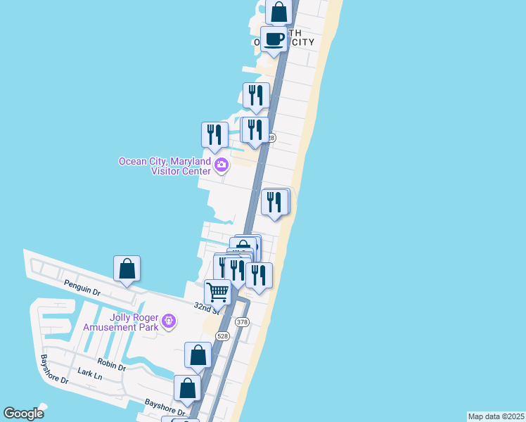 map of restaurants, bars, coffee shops, grocery stores, and more near 14 38th Street in Ocean City