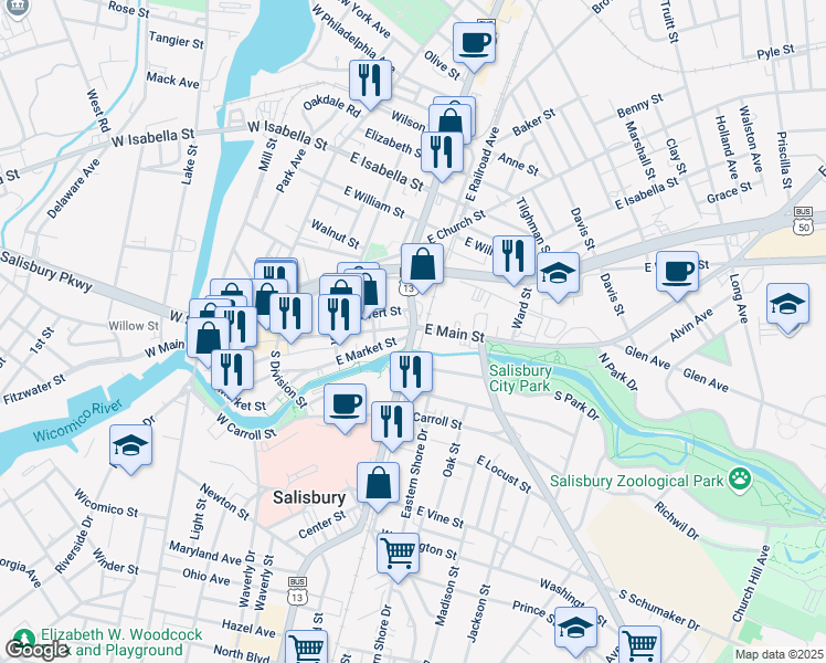 map of restaurants, bars, coffee shops, grocery stores, and more near in Salisbury