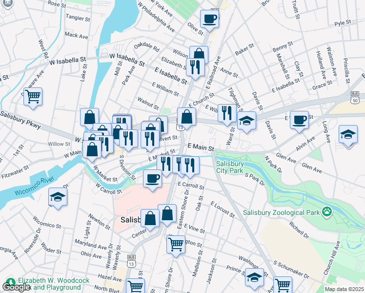 map of restaurants, bars, coffee shops, grocery stores, and more near 118 South Salisbury Boulevard in Salisbury