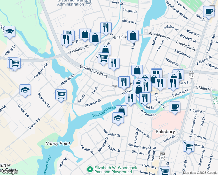 map of restaurants, bars, coffee shops, grocery stores, and more near 616 West Main Street in Salisbury
