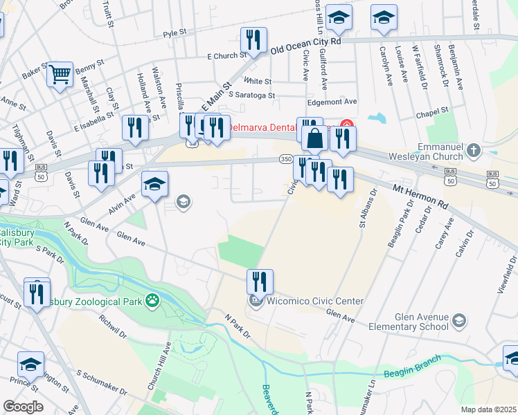 map of restaurants, bars, coffee shops, grocery stores, and more near 316 Wyman Drive in Salisbury