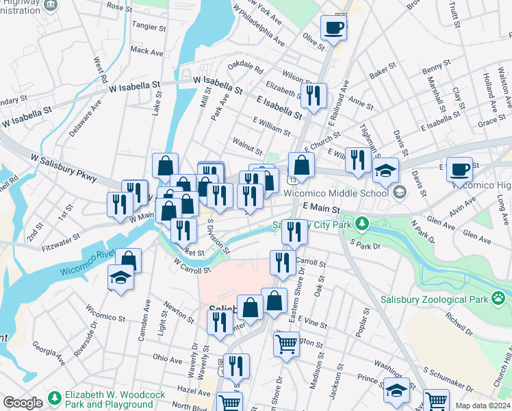 map of restaurants, bars, coffee shops, grocery stores, and more near 200 East Main Street in Salisbury