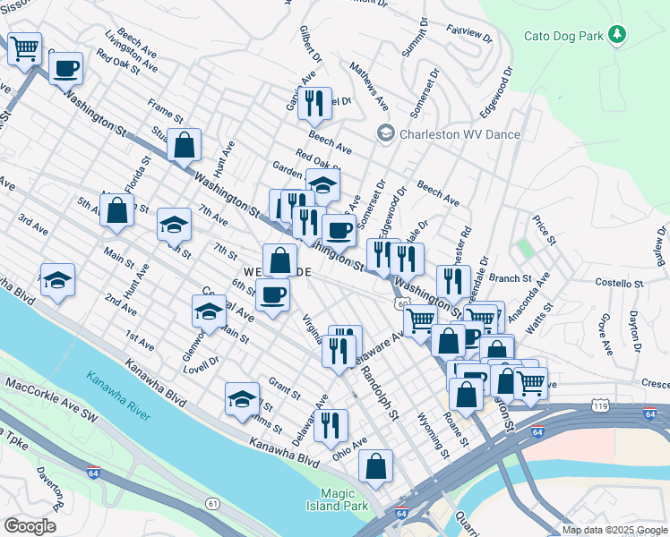 map of restaurants, bars, coffee shops, grocery stores, and more near 602 Georgia Street in Charleston