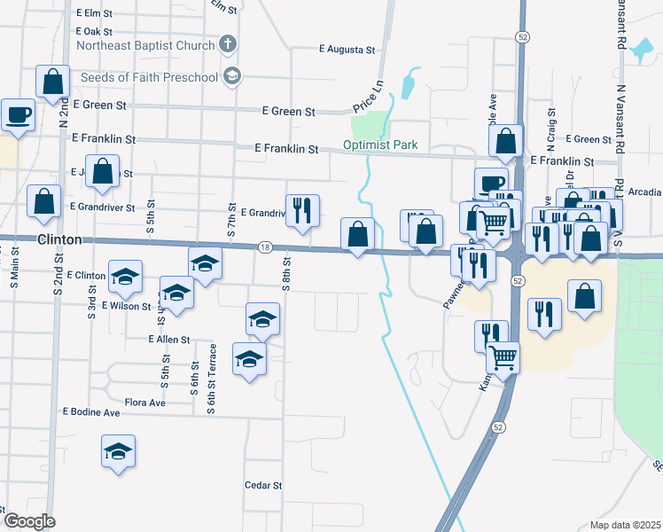 map of restaurants, bars, coffee shops, grocery stores, and more near 809 East Clinton Street in Clinton