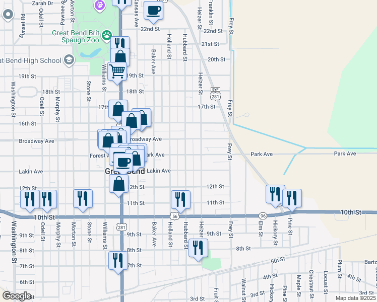 map of restaurants, bars, coffee shops, grocery stores, and more near 1601-1611 Park Avenue in Great Bend