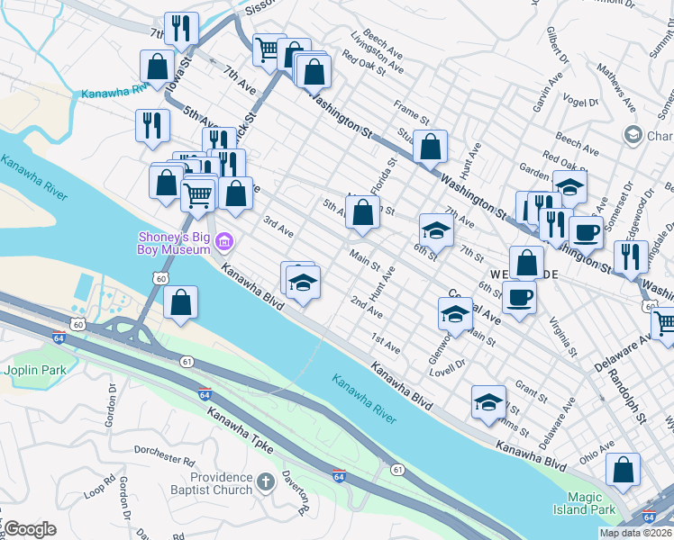 map of restaurants, bars, coffee shops, grocery stores, and more near 1309 Grant Street in Charleston