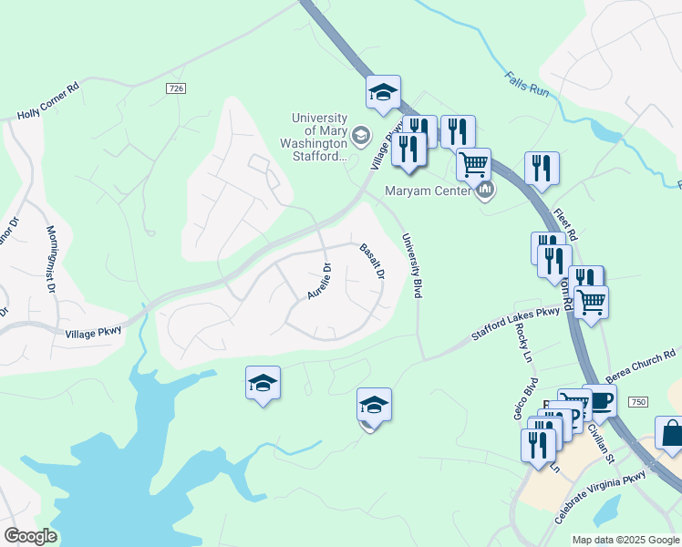 map of restaurants, bars, coffee shops, grocery stores, and more near 19 Pierre Emmanuel Court in Fredericksburg
