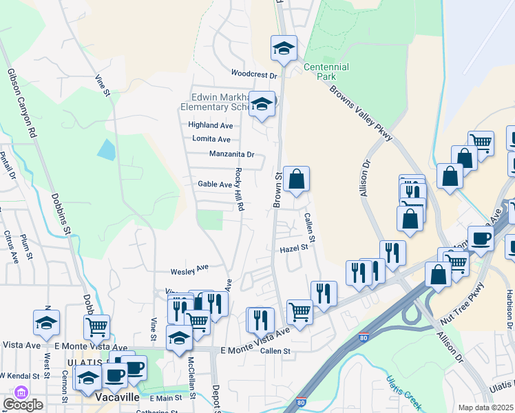 map of restaurants, bars, coffee shops, grocery stores, and more near in Vacaville