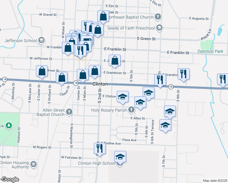 map of restaurants, bars, coffee shops, grocery stores, and more near 408-498 South 3rd Street in Clinton