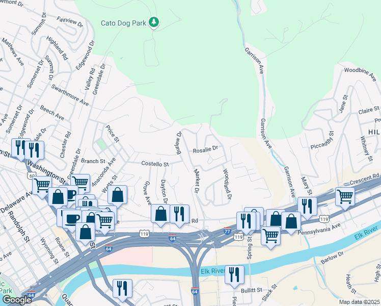 map of restaurants, bars, coffee shops, grocery stores, and more near 518 Burlew Drive in Charleston