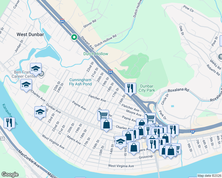 map of restaurants, bars, coffee shops, grocery stores, and more near 518 Alley in Dunbar