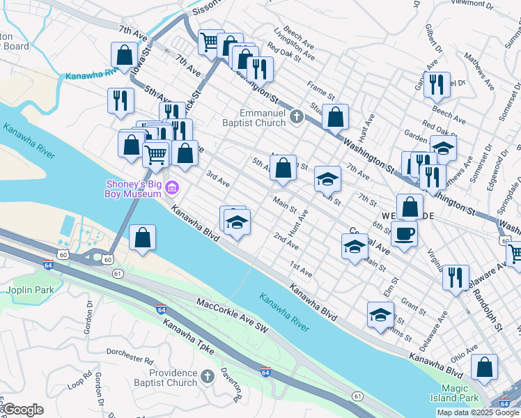 map of restaurants, bars, coffee shops, grocery stores, and more near 1333 Grant Street in Charleston