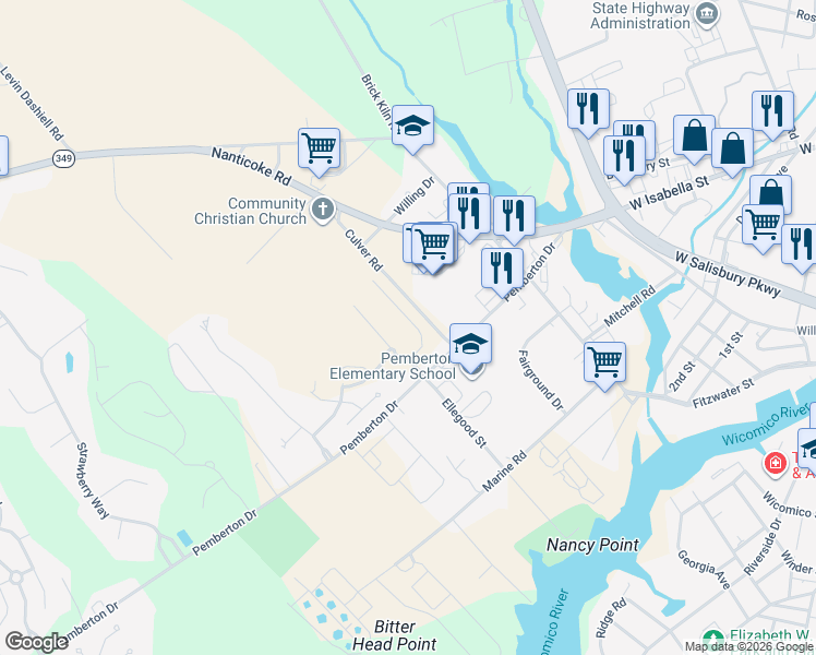 map of restaurants, bars, coffee shops, grocery stores, and more near 6287 Culver Road in Salisbury