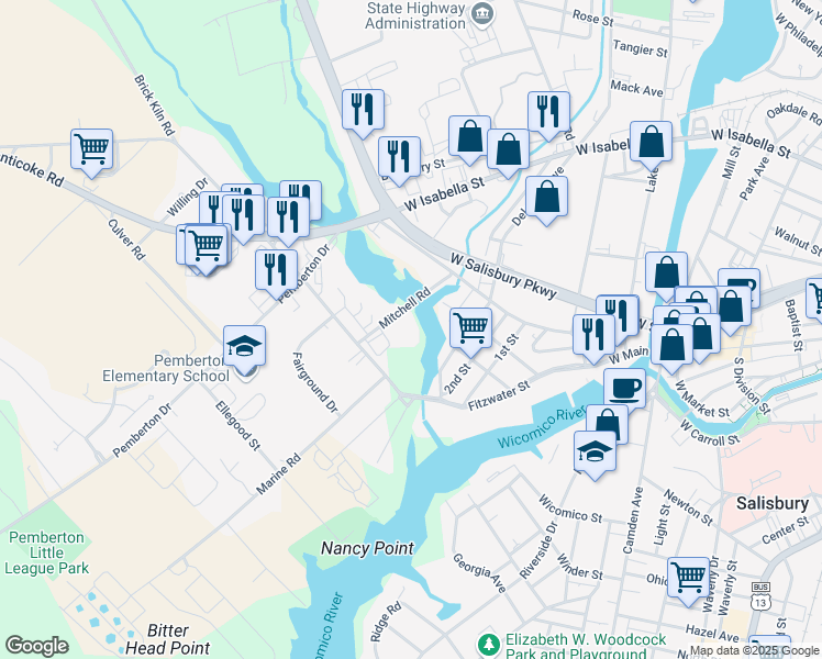 map of restaurants, bars, coffee shops, grocery stores, and more near 114 Delaware Avenue in Salisbury