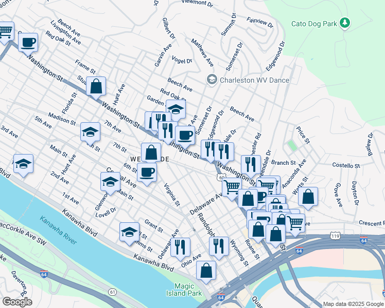 map of restaurants, bars, coffee shops, grocery stores, and more near 701 West Washington Street in Charleston