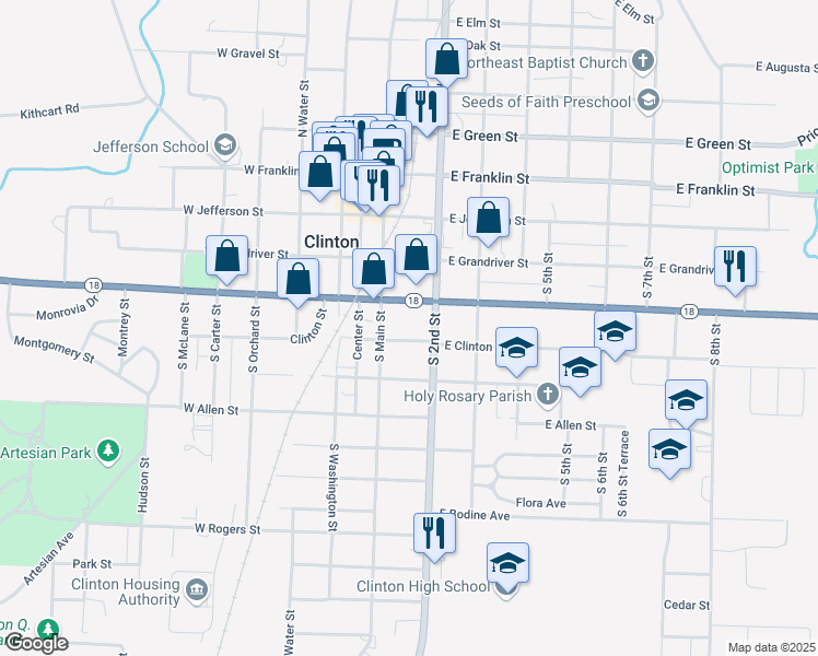 map of restaurants, bars, coffee shops, grocery stores, and more near 106 East Clinton Street in Clinton