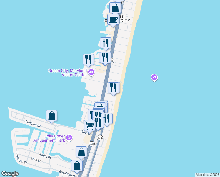 map of restaurants, bars, coffee shops, grocery stores, and more near 3801 Atlantic Avenue in Ocean City