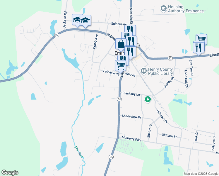 map of restaurants, bars, coffee shops, grocery stores, and more near 139 West Owen Street in Eminence