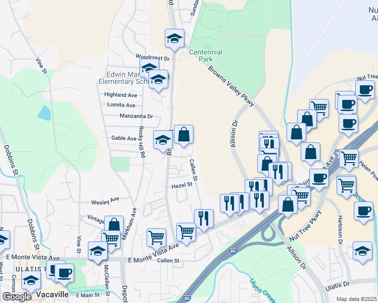 map of restaurants, bars, coffee shops, grocery stores, and more near 217 Bennett Hill Drive in Vacaville