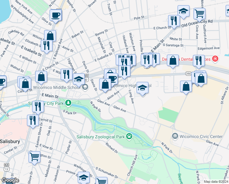 map of restaurants, bars, coffee shops, grocery stores, and more near 712 Alvin Avenue in Salisbury