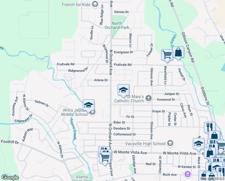map of restaurants, bars, coffee shops, grocery stores, and more near 361 North Orchard Avenue in Vacaville