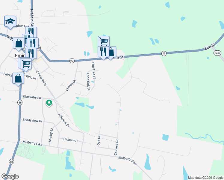 map of restaurants, bars, coffee shops, grocery stores, and more near 569 Zelcova Drive in Eminence