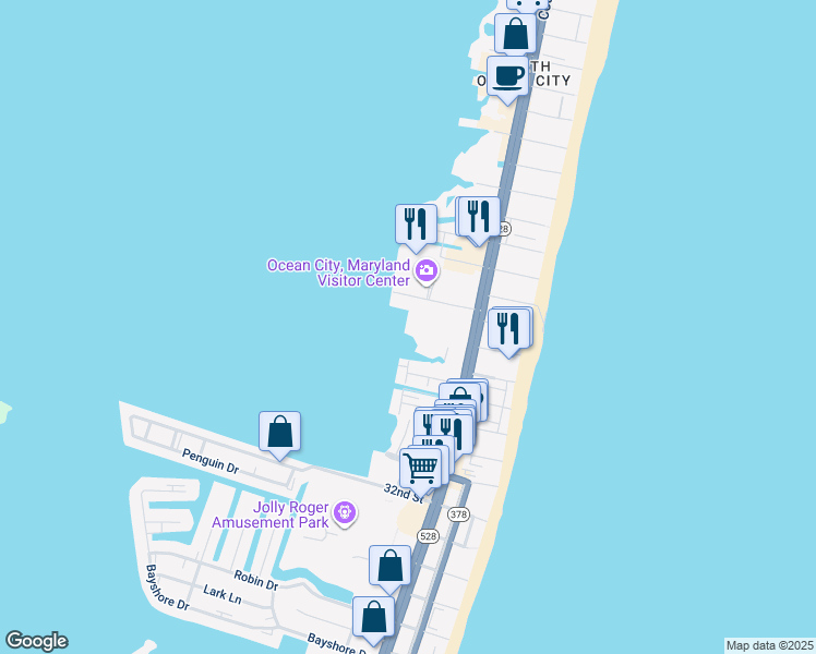 map of restaurants, bars, coffee shops, grocery stores, and more near 107 Convention Center Drive in Ocean City
