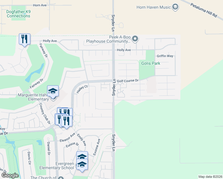 map of restaurants, bars, coffee shops, grocery stores, and more near 4595 Snyder Lane in Rohnert Park
