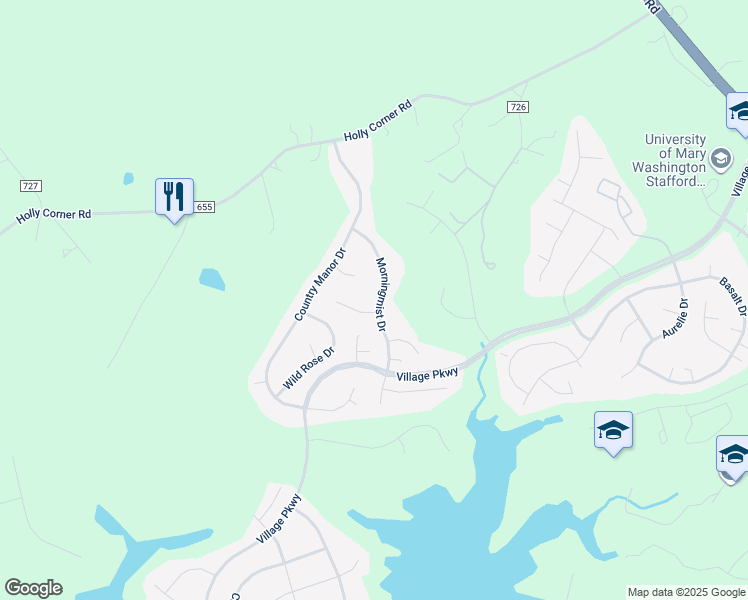 map of restaurants, bars, coffee shops, grocery stores, and more near 27 Morningmist Drive in Fredericksburg
