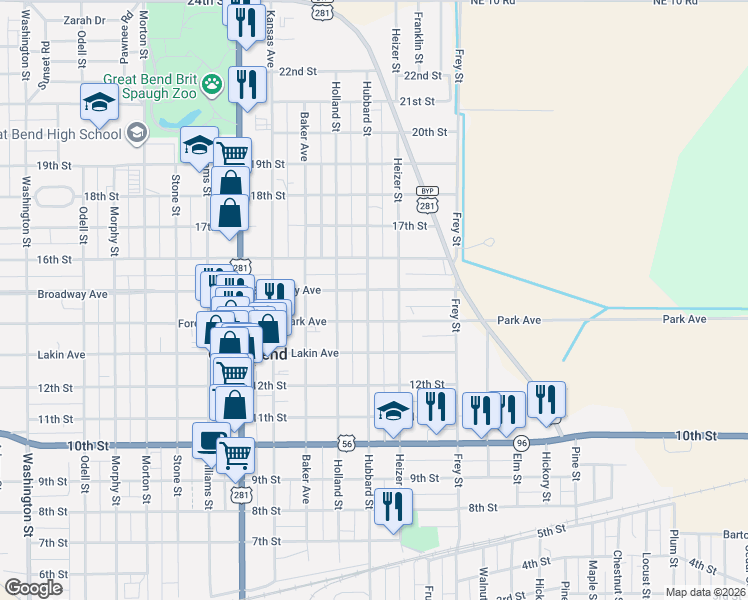 map of restaurants, bars, coffee shops, grocery stores, and more near 1601-1611 Park Avenue in Great Bend