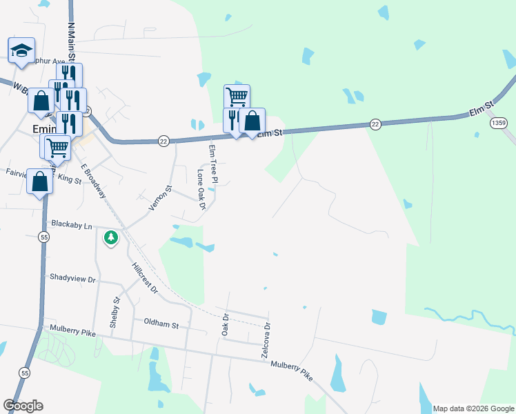 map of restaurants, bars, coffee shops, grocery stores, and more near 569 Zelcova Drive in Eminence