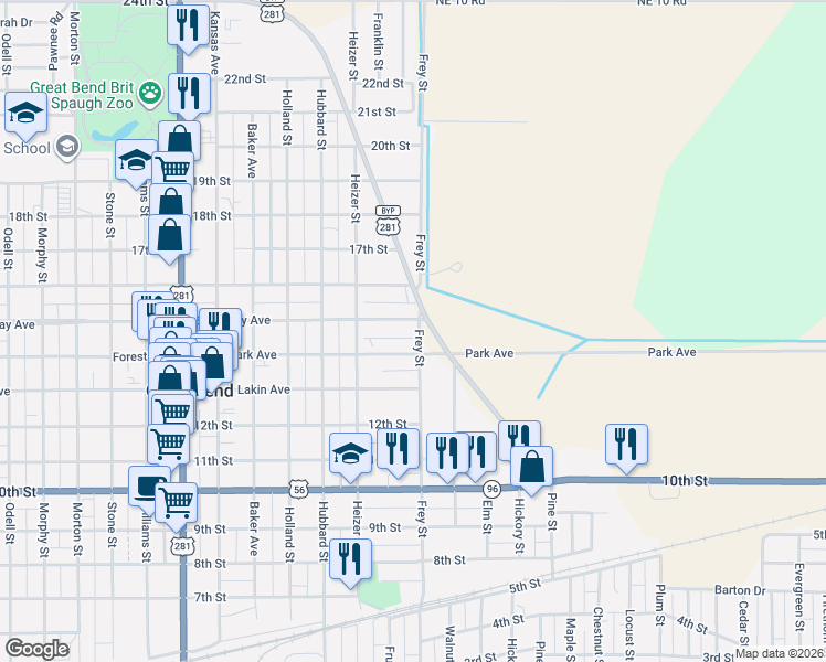 map of restaurants, bars, coffee shops, grocery stores, and more near 1508-1550 U.S. 281 Bypass in Great Bend