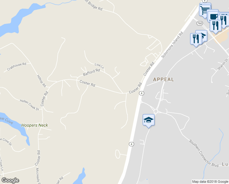 map of restaurants, bars, coffee shops, grocery stores, and more near 448 Coster Road in Lusby