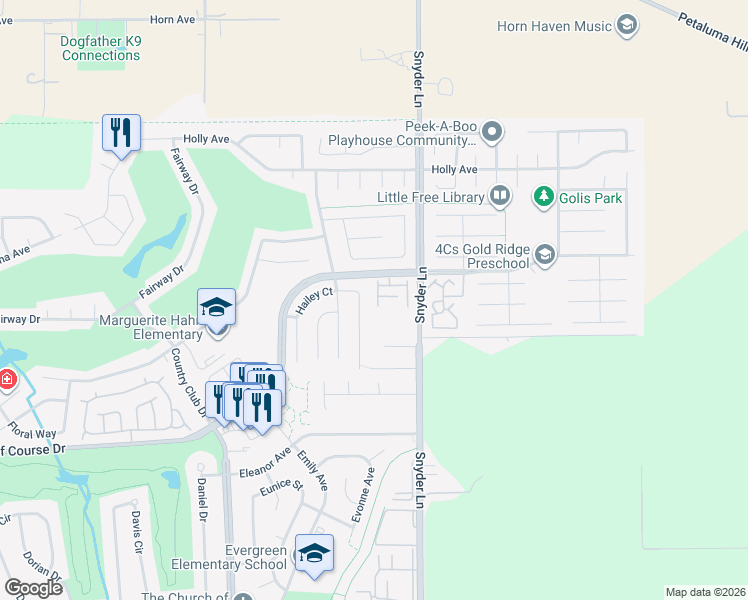 map of restaurants, bars, coffee shops, grocery stores, and more near 4511 Harbor Lane in Rohnert Park