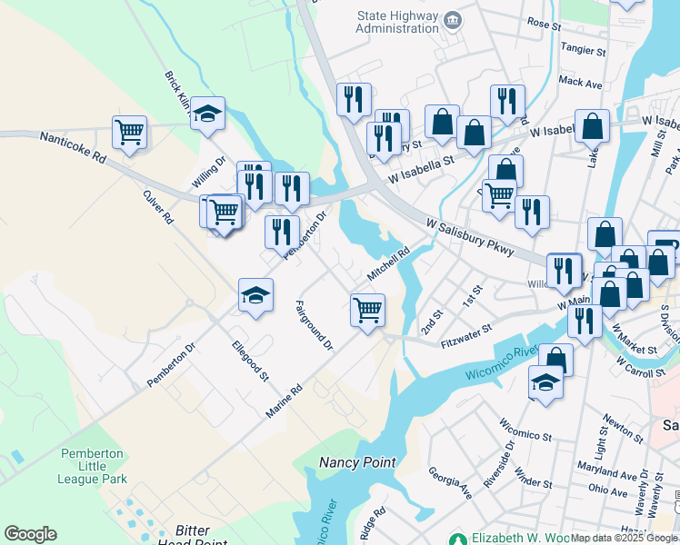 map of restaurants, bars, coffee shops, grocery stores, and more near 1117 Parsons Road in Salisbury